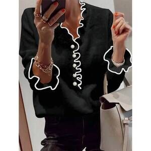 NEW HIDDENBRAND shelby ruffle knit contrast trim v-neck sweater in black